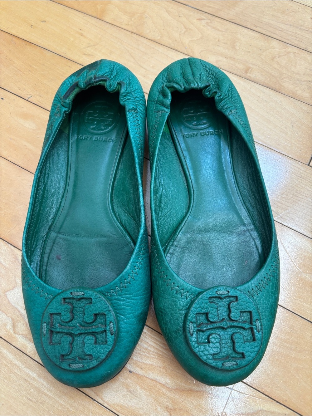 Tory Burch Pebbled Leather Green Teal Reva ballet flat stretch shoe sz6